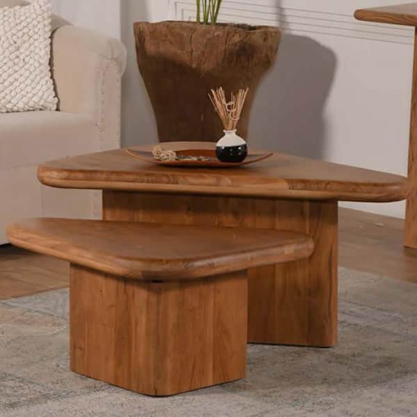 Aven 34 in. Brown 2-Piece Acacia Wood Tripod Triangle Coffee Table Set