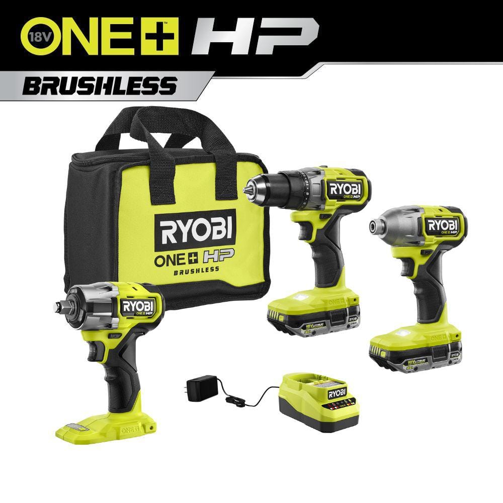 ONE+ HP 18V Brushless Cordless 2-Tool Combo Kit w/(2) 2.0 Ah Batteries, Charger, Bag, and 1/2 in. 4 Mode Impact Wrench -  RYOBI, PBLCK01KPSBIW25