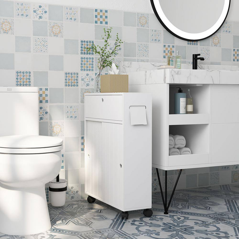 White Slim Bathroom Cabinet with Adjustable Shelving and Wheels