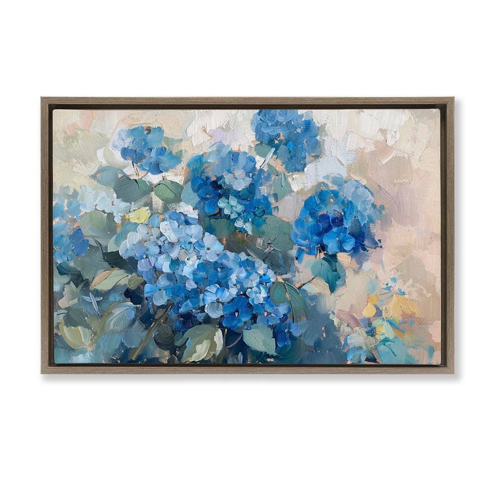 Blue Hydrangeas Impression by LSR Design Studio Brown Floater Frame Nature Graphic Art Print 17 in. x 25 in. price history on PriceWatchPro