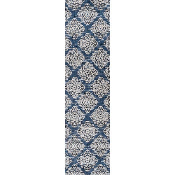 Tuscany Ornate Medallions Navy/Beige 2 ft. x 10 ft. Indoor/Outdoor Runner Rug