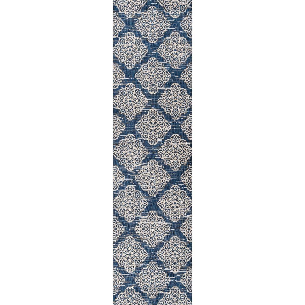 Navy and Beige Medallion Flat Woven Runner Rug
