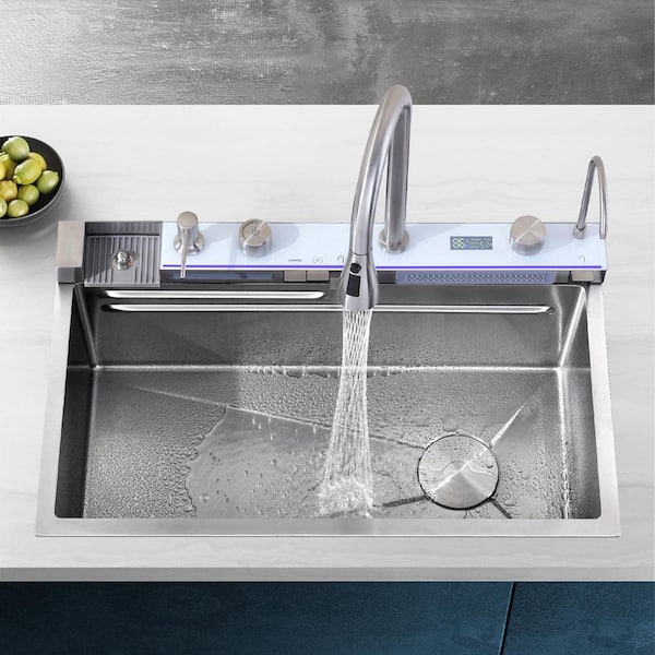 29.5 in. Drop-In Single Bowl Dark Gray Stainless Steel Kitchen Sink with Pull Out Faucet and Cutting Board