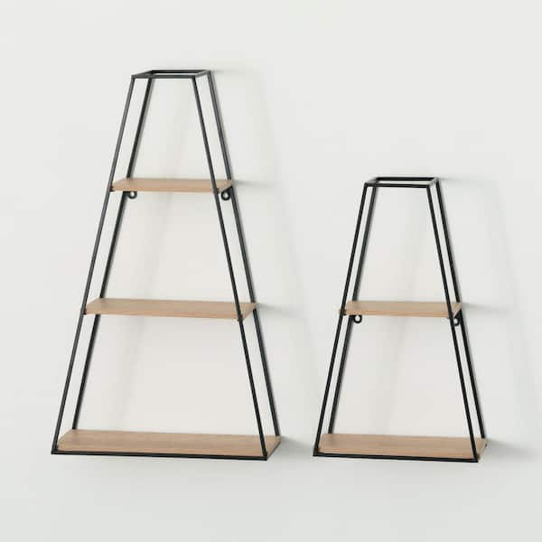 15.75 in. W x 6.5 in. D and 12 in. W x 6.75 in. D Black and Brown Pyramid Decorative Wall Shelf (Set of 2)