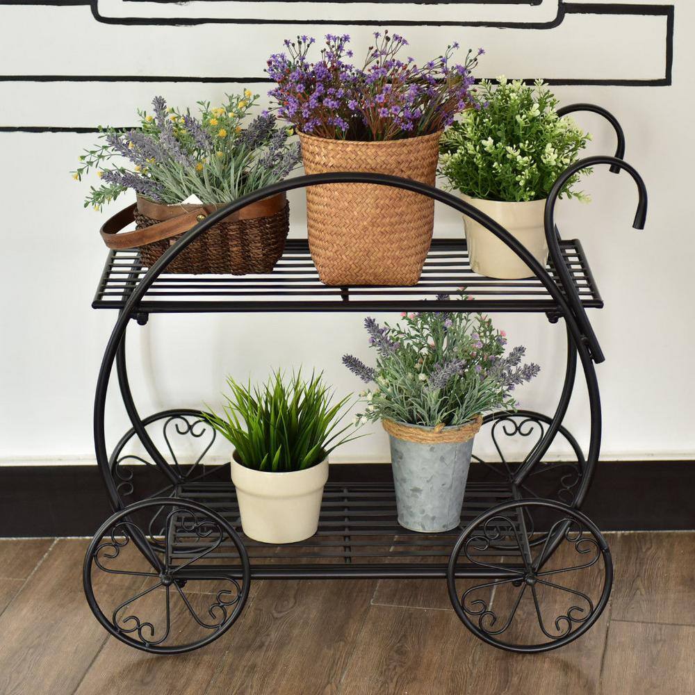 Black Steel Two-Tiered Indoor/Outdoor Plant Stand with Decorative Wheels