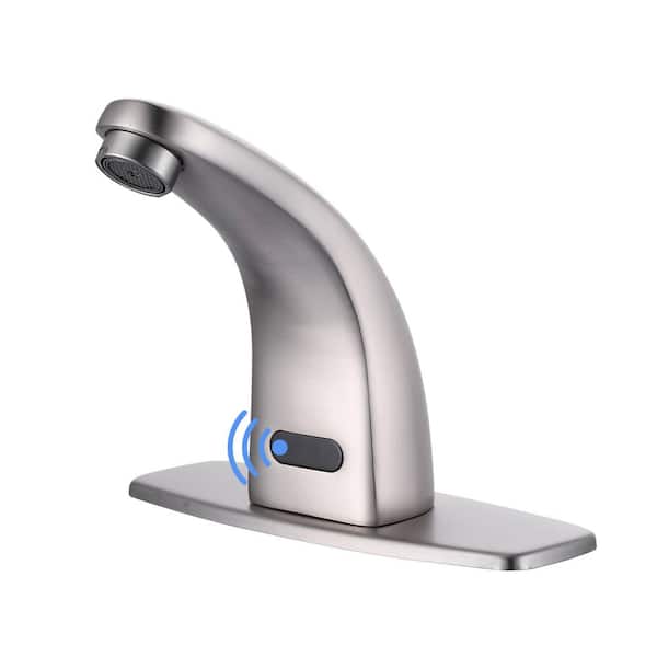 Battery-Powered Commercial Touchless Single Hole Bathroom Faucet with Deck Plate in Brushed Nickel