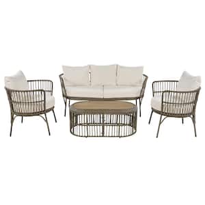 4-Piece Rattan Brown Grey Outdoor Patio Conversation Set with Seating Set with Beige Cushions