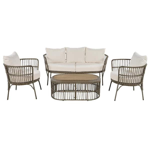 Boosicavelly 4-Piece Rattan Brown Grey Outdoor Patio Conversation Set with Seating Set with Beige Cushions
