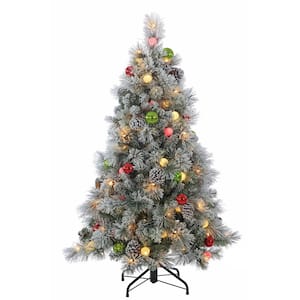 4.5 ft. Pre-Lit Flocked Hard Needle Pine Artificial Christmas Tree with Ornaments