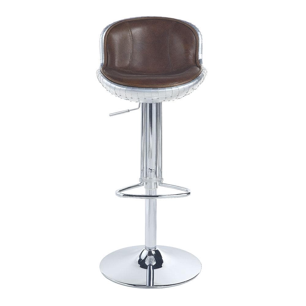 Acme Furniture  Brancaster 41 in. Vintage Brown and Aluminum Low Back Metal Frame Adjustable Swivel Bar Stool with Leather Seat - 1