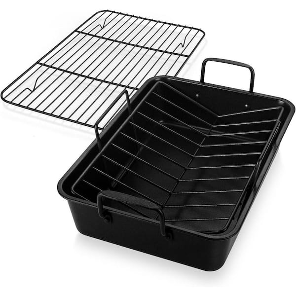 15 qt. Black Roasting Pan with Racks, Stainless Steel Turkey Roaster with Cooling Racks, Nonstick Deep Broiler Pan
