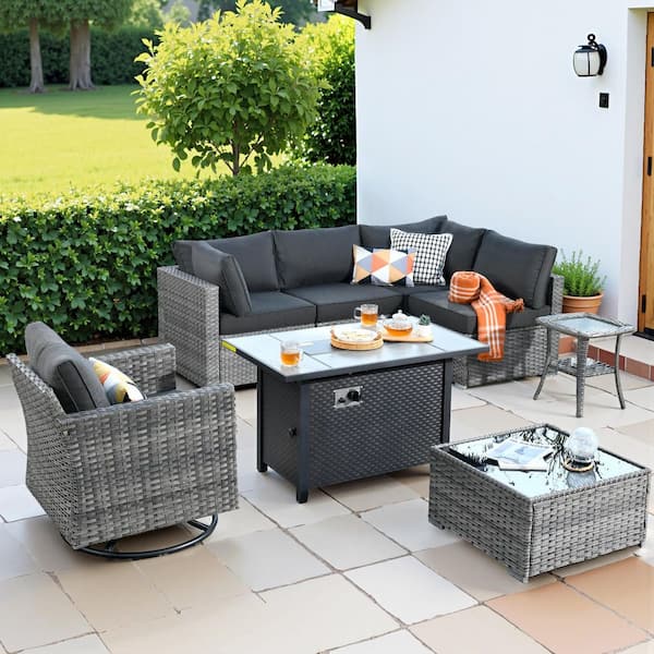HOOOWOOO Messi Gray 8-Piece Wicker Outdoor Patio Conversation Sectional Sofa Fire Pit Set with a Swivel Chair and Black Cushions