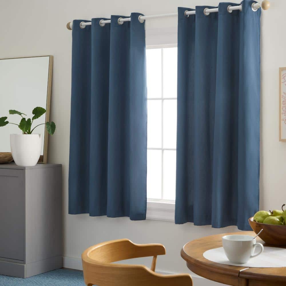 Navy Blue Linen Texture Room Darkening Grommet Curtains, 63"