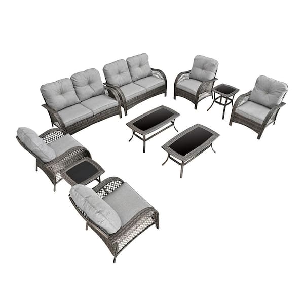 Patio Festival 10-Piece Wicker Patio Conversation Set with Gray Cushions