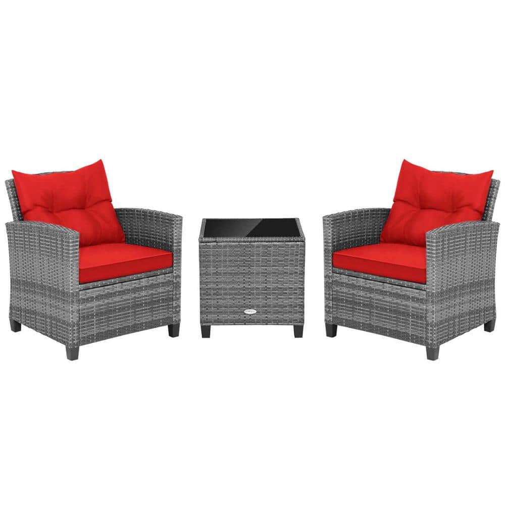 3-Piece Wicker Patio Rattan Conversation Set with Red Cushions price history on PriceWatchPro