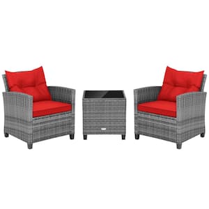 3-Piece Wicker Patio Rattan Conversation Set with Red Cushions