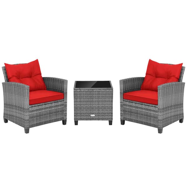 HONEY JOY 3-Piece Wicker Patio Rattan Conversation Set with Red Cushions