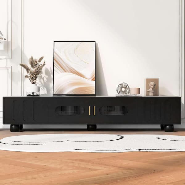 Modern Black TV Stand Fits TV's Up to 80 in. with Glass Door