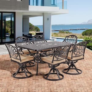 Classic Dark Brown 7-Piece Cast Aluminum Rectangle Outdoor Dining Set with Table and Swivel Dining Chairs Beige Cushion