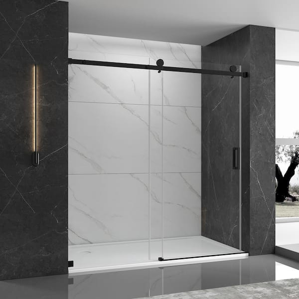 EPOWP 60 in. W x 76 in. H Single Sliding Frameless Shower Door in Matte Black Finish with Clear Glass