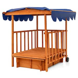 3.6 ft. W x 3.6 ft. L Wooden Rectangle Retractable Sandbox with Cover and Built-in Wheels Kids Outdoor Playhouse