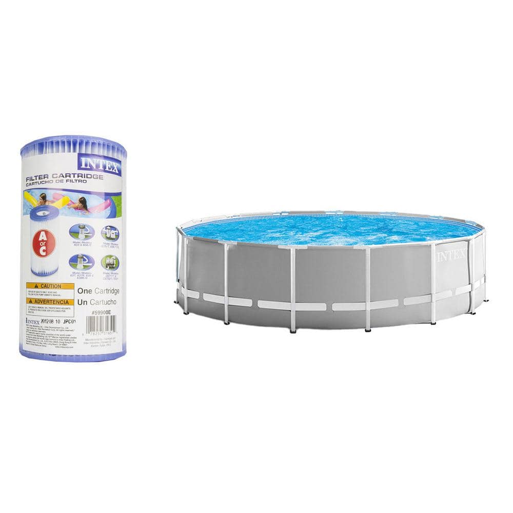 Intex 15 ft. x 4 ft. Round Metal Frame Pool Above Ground Swimming Pool Set and Replacement Filter Pump Cartridge(6-Pack), Gray -  141249