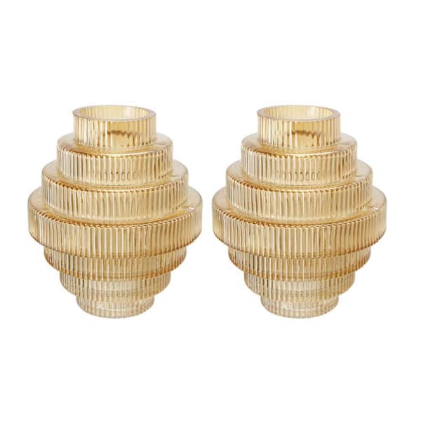 Benjara Yellow and Clear Round Glass Geometric Vases (Set of 2)