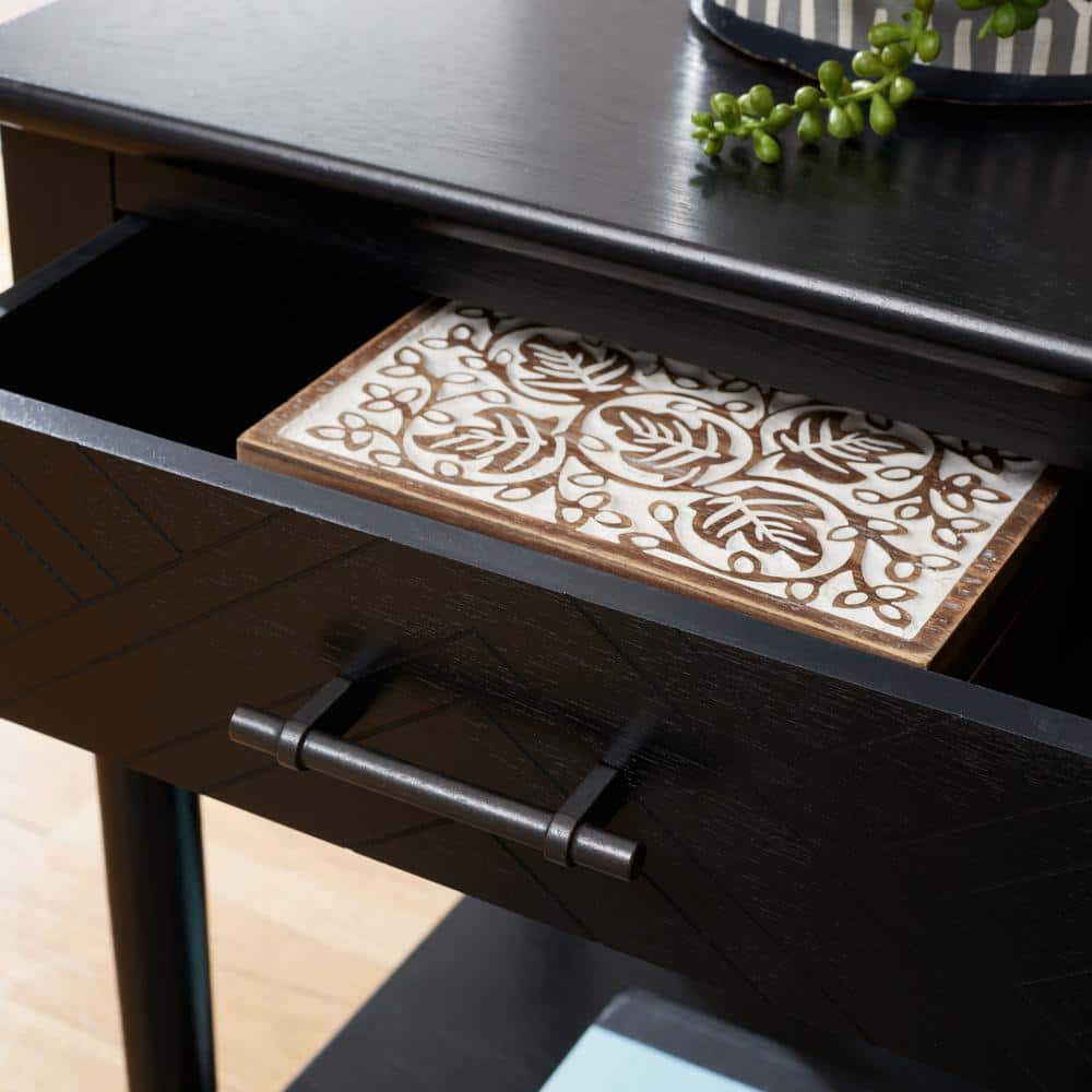 Peyton Black Wood Rectangular Storage End Table with Herringbone Pattern
