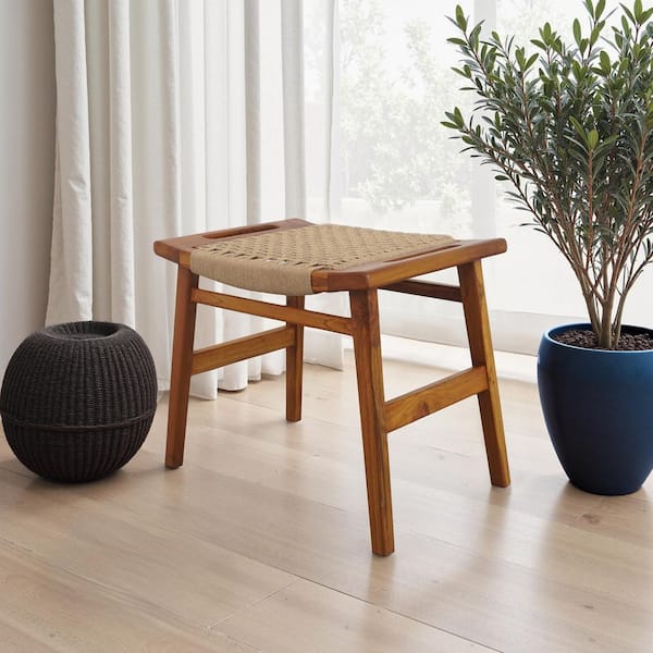 Cedar Solid Wood Frame Woven Seat Loom Stool in Tan