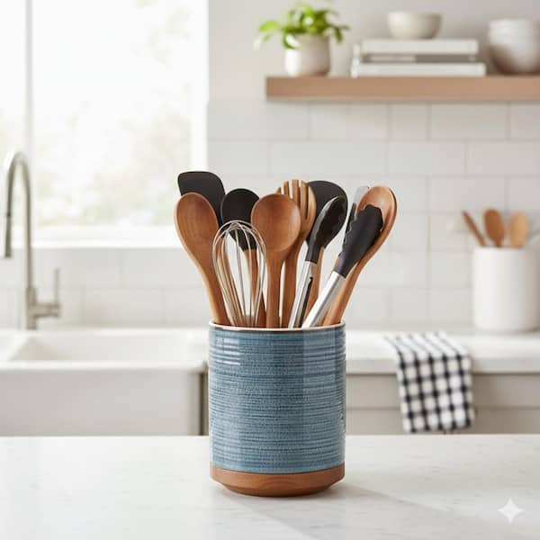 Blue Ceramic Kitchen Utensil Holder Extra Large Rotating Countertop Crock Stable Weighted Non-Slip Design