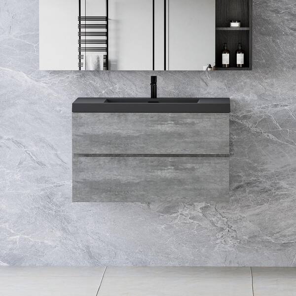 Zeus & Ruta 36 in. W Single Sink Floating Bath Vanity in Gray with Black Quartz Sand Top and 2 Drawers, Pre-assembled