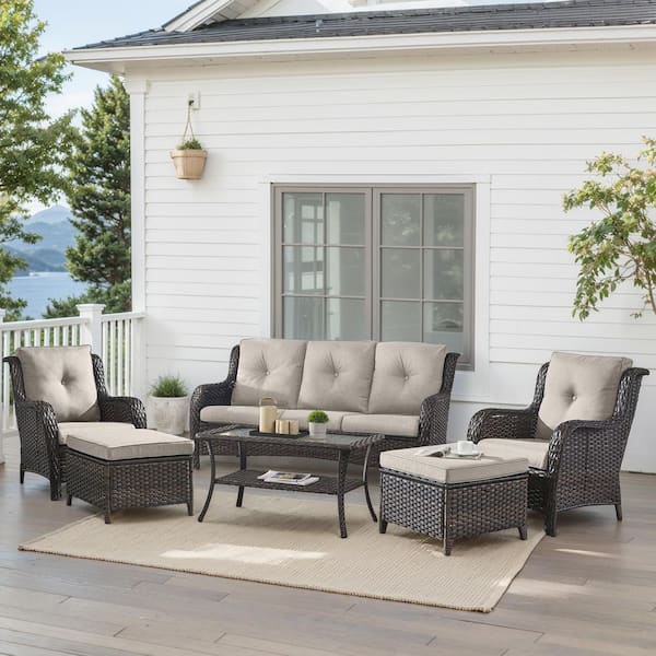 Arcline 6-Piece Brown Wicker Patio Conversation Set with Olefin Beige Cushions and Lounge Chairs/Sofa