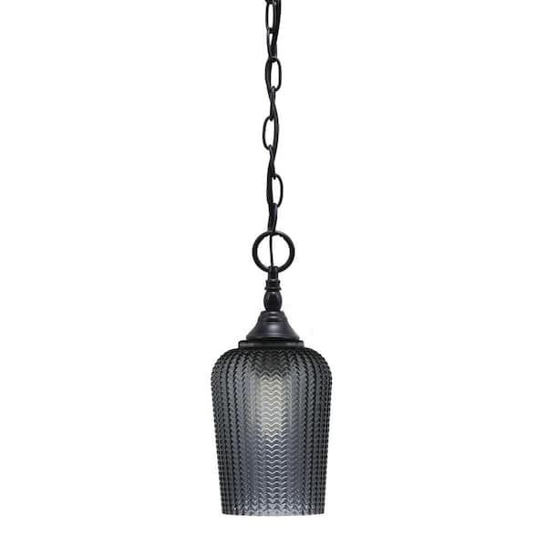 Unbranded Elva 100-Watt 1-Light Matte Black Shaded Pendant Light with 5 in. Smoke Textured Glass Shade, No Bulb Included