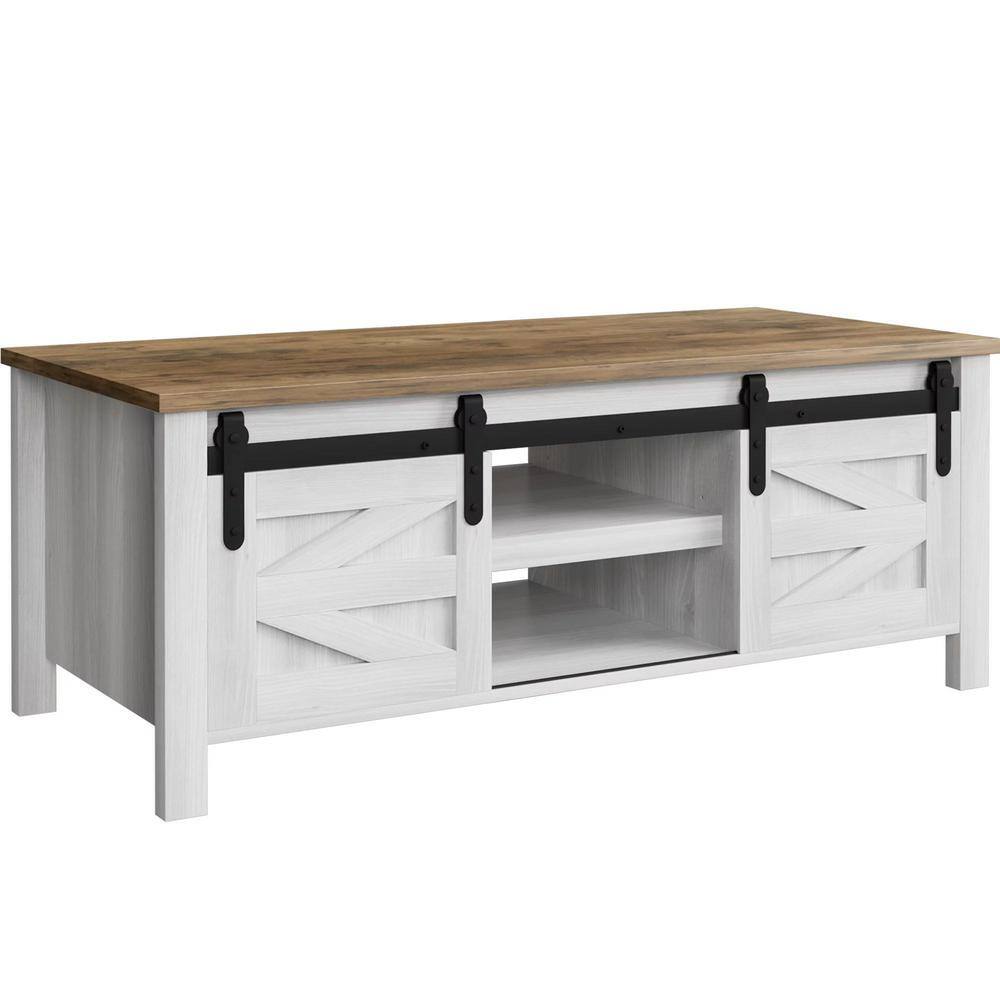 47 in. Farmhouse Washed White Rectangle Oak Wood Coffee Table with Sliding Barn Doors and Hidden Storage Compartments price drop on PriceWatchPro