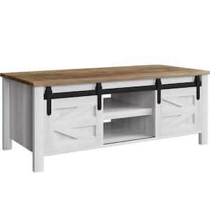 47 in. Farmhouse Washed White Rectangle Oak Wood Coffee Table with Sliding Barn Doors and Hidden Storage Compartments