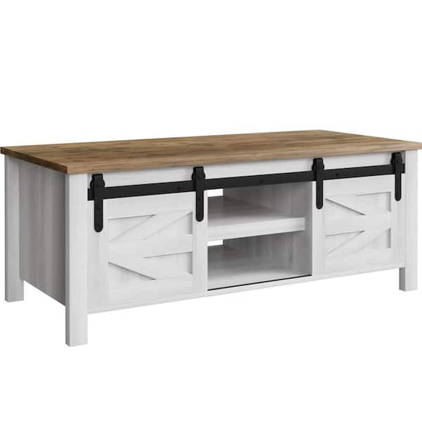 LACOO 47 in. Farmhouse Washed White Rectangle Oak Wood Coffee Table with Sliding Barn Doors and Hidden Storage Compartments