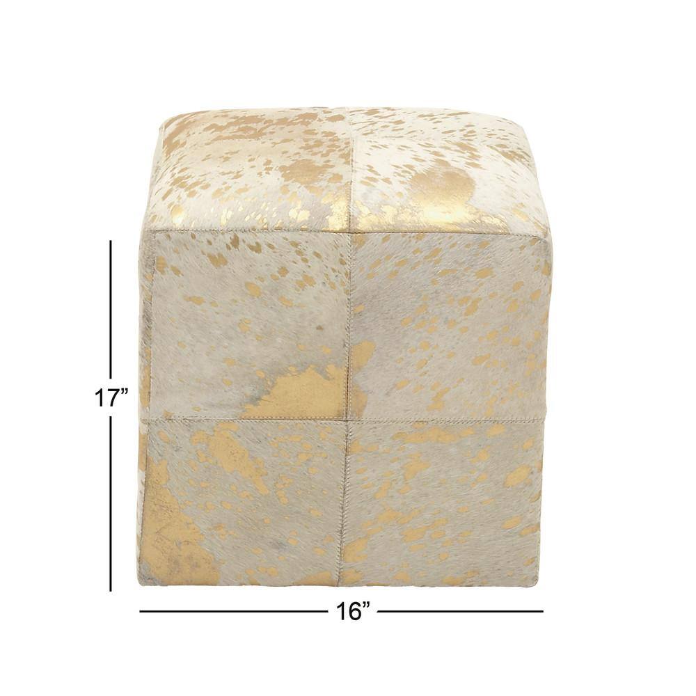 Gold and Beige Leather Box Pouf Stool
