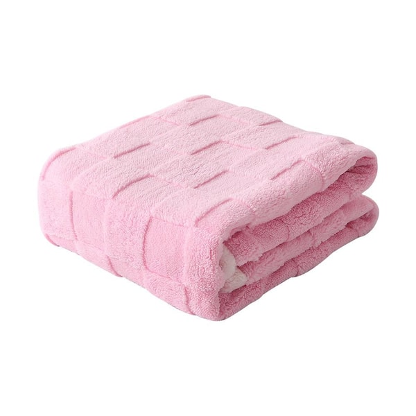 Jacquard Checkered Pink Fluffy Flannel Fleece 71 in. x 79 in. Blanket