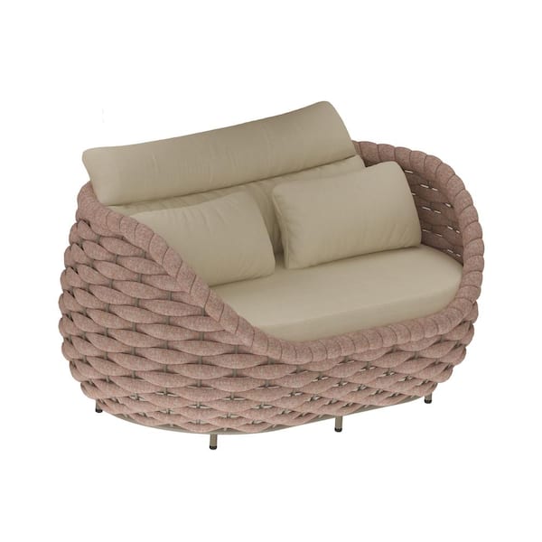 TWT Bird's Nest-Shaped Hand-Woven Sandy brown Aluminum Outdoor 2-seat Loveseat Couch with Beige Cushions