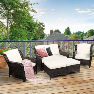 5-Pieces Wicker Outdoor Sectional Set Patio Conversation Set Loveseat Sofa Ottoman with White Cushions