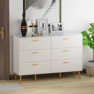 6-Drawers White Wood Chest of Drawer Accent Storage Cabinet Organizer With Metal Leg 54.1 in. W x 15.6 in. D