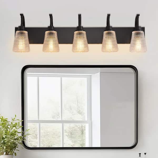 36.61 in. 5-Light Black Vanity Light with Wavy Glass Shade for Bathroom Vanity Lighting Fixtures Wall Mount