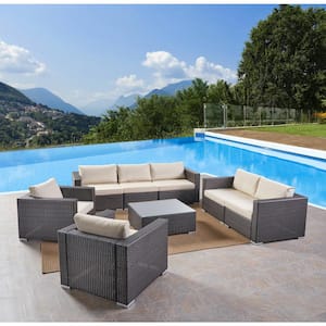 Santa Rosa Multi-Brown 8-Piece Faux Rattan Patio Conversation Set with Beige Cushions