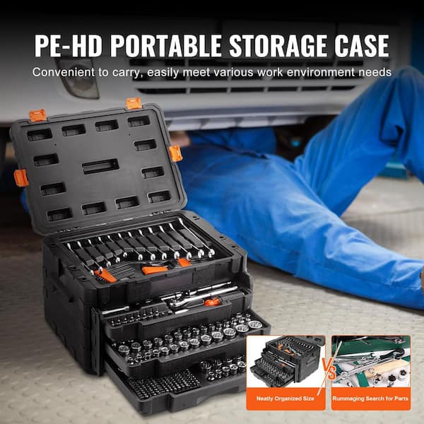 450 Pc Mechanics Tool Set, 1/4 in., 3/8 in., 1/2 in. Drive, SAE & Metric Sockets, Bits, Wrenches, Case Included