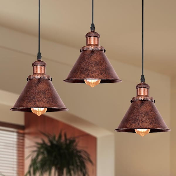 HUOKU Barn 1-Light Antique Copper Cone Mini Pendant Light with Bell Metal Shade Dimmable Adjustable Barn Hanging Light(3-PCS)