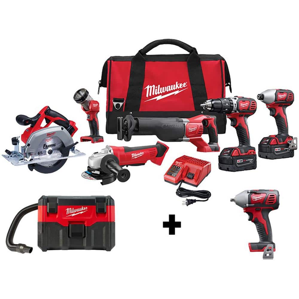 Milwaukee M18 18V Lithium-Ion Cordless Combo Tool Kit (6-Tool) w/ Wet/Dry Vacuum and 3/8 in. Impact Wrench