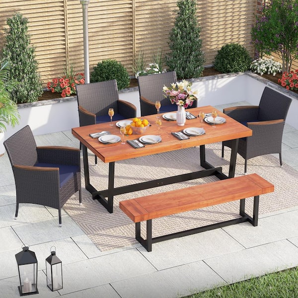 PHI VILLA Black 6-Piece Metal Patio Wood Outdoor Dining Set with Rectangular Table, 4 Rattan Chairs and Long Bench