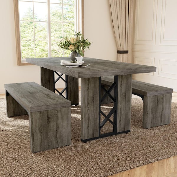 Modern 3 of Pieces Rectangle Gray Table MDF Table Top Dining Room Set Seating 4-6 People (Table Plus 2-Benches)