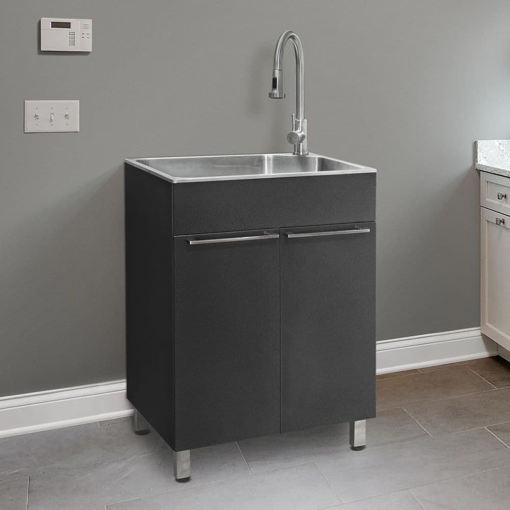 Gray Stainless Steel Drop-In Utility Sink with Faucet and Cabinet