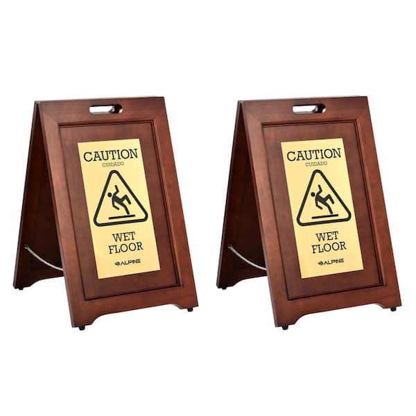 Alpine Industries 24 in. 2-Sided Brass Plated Wooden Bilingual Wet Floor Sign (2-Pack)